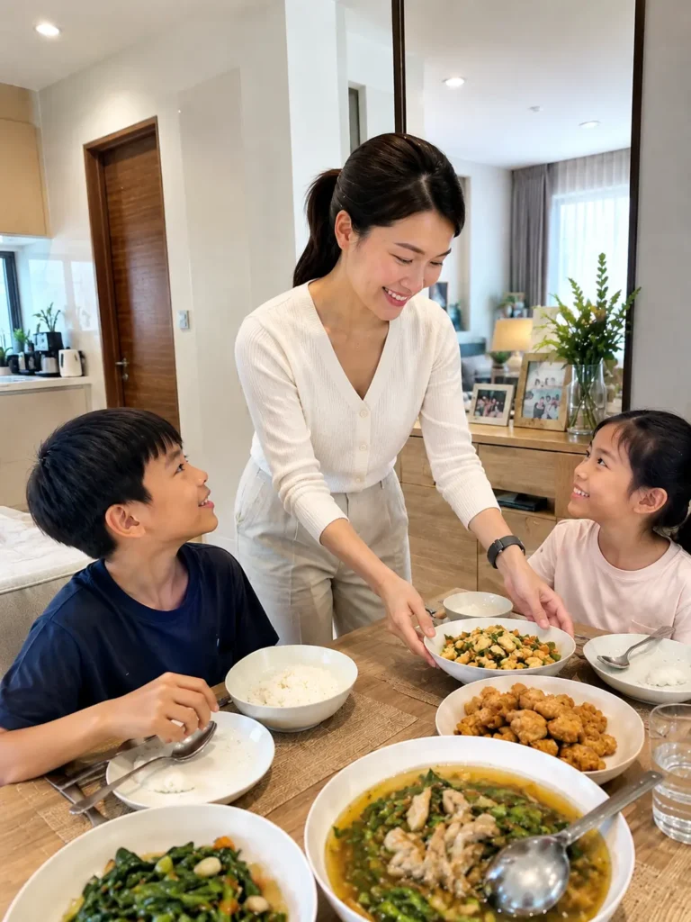 Fen, Founder of HomeBridge SG, serving a home-cooked dinner to international students in a warm family-like home in Singapore.