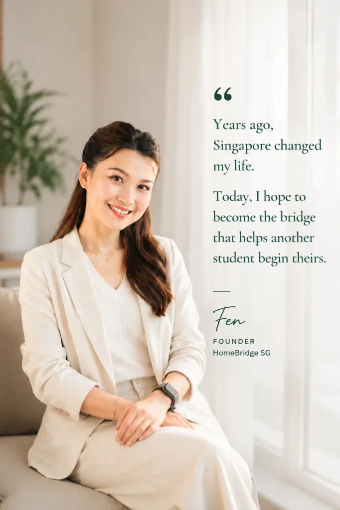 Fen, Founder of HomeBridge SG and former scholarship student in Singapore, providing guardianship and homestay for international students.